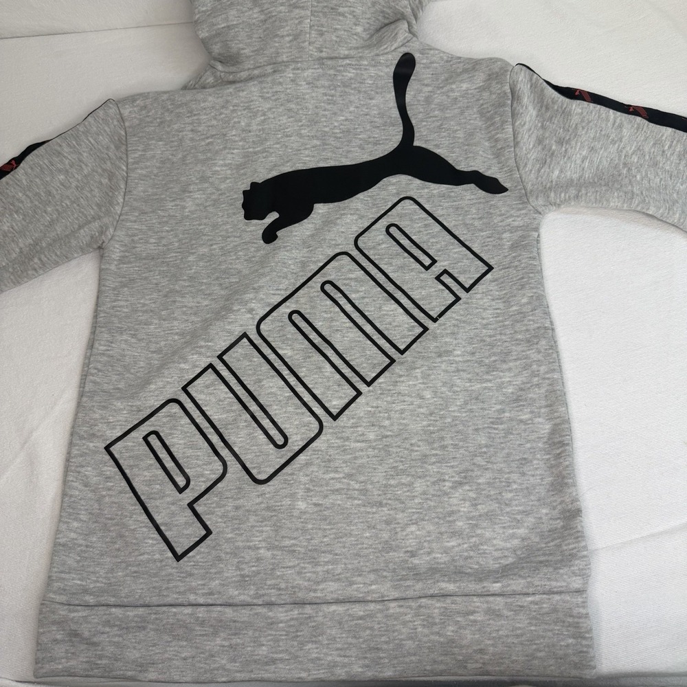 PUMA Unisex Kids Gray Fleece Pullover Hoodie Logo Tape Sleeves Medium NWT